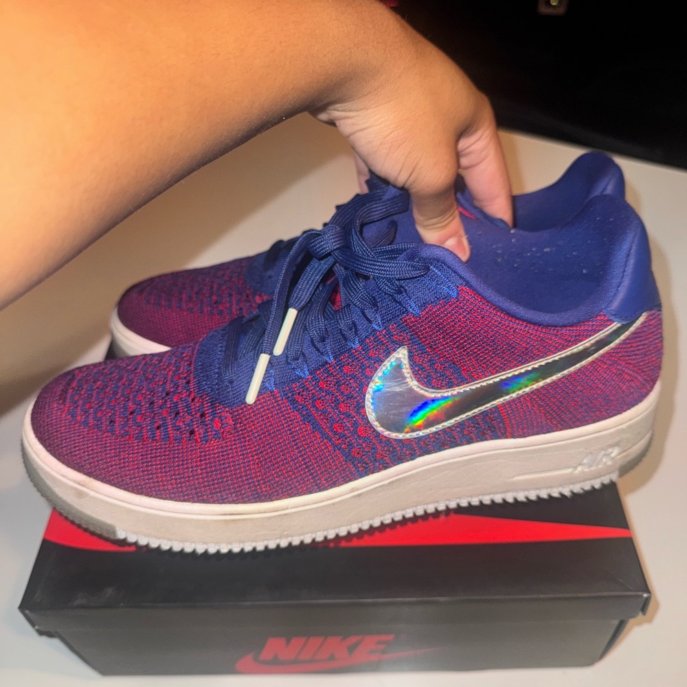 Nike Air Force 1 Flyknit in Red and Blue with Silver Swoosh